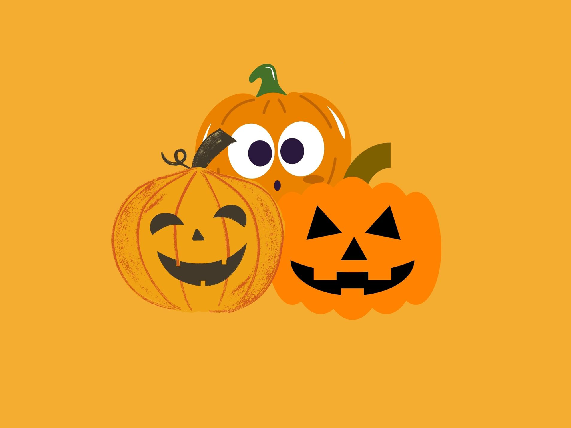 Three cartoon pumpkin lanterns