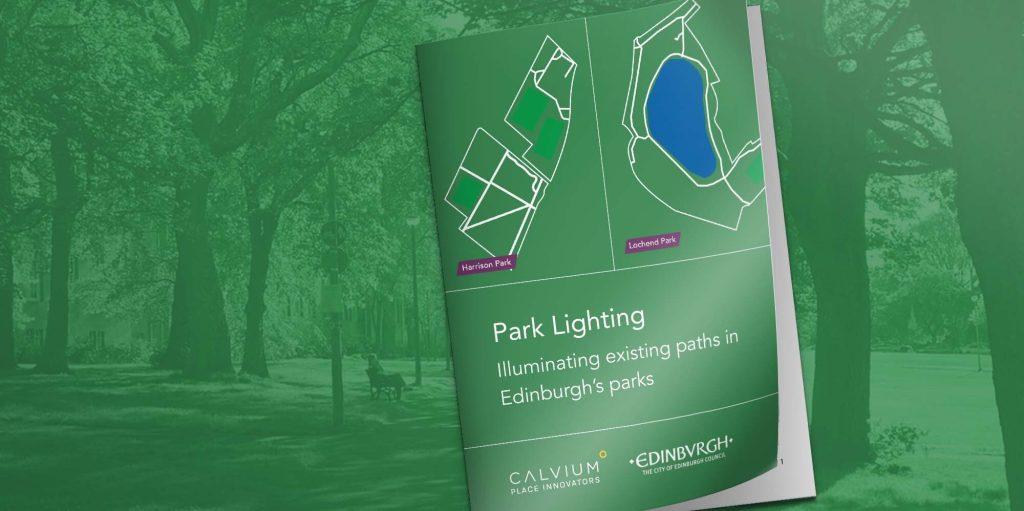 Report cover with photo of trees in a park behind. Report title 'Park lighting: Illuminating existing paths in Edinburgh's parks'