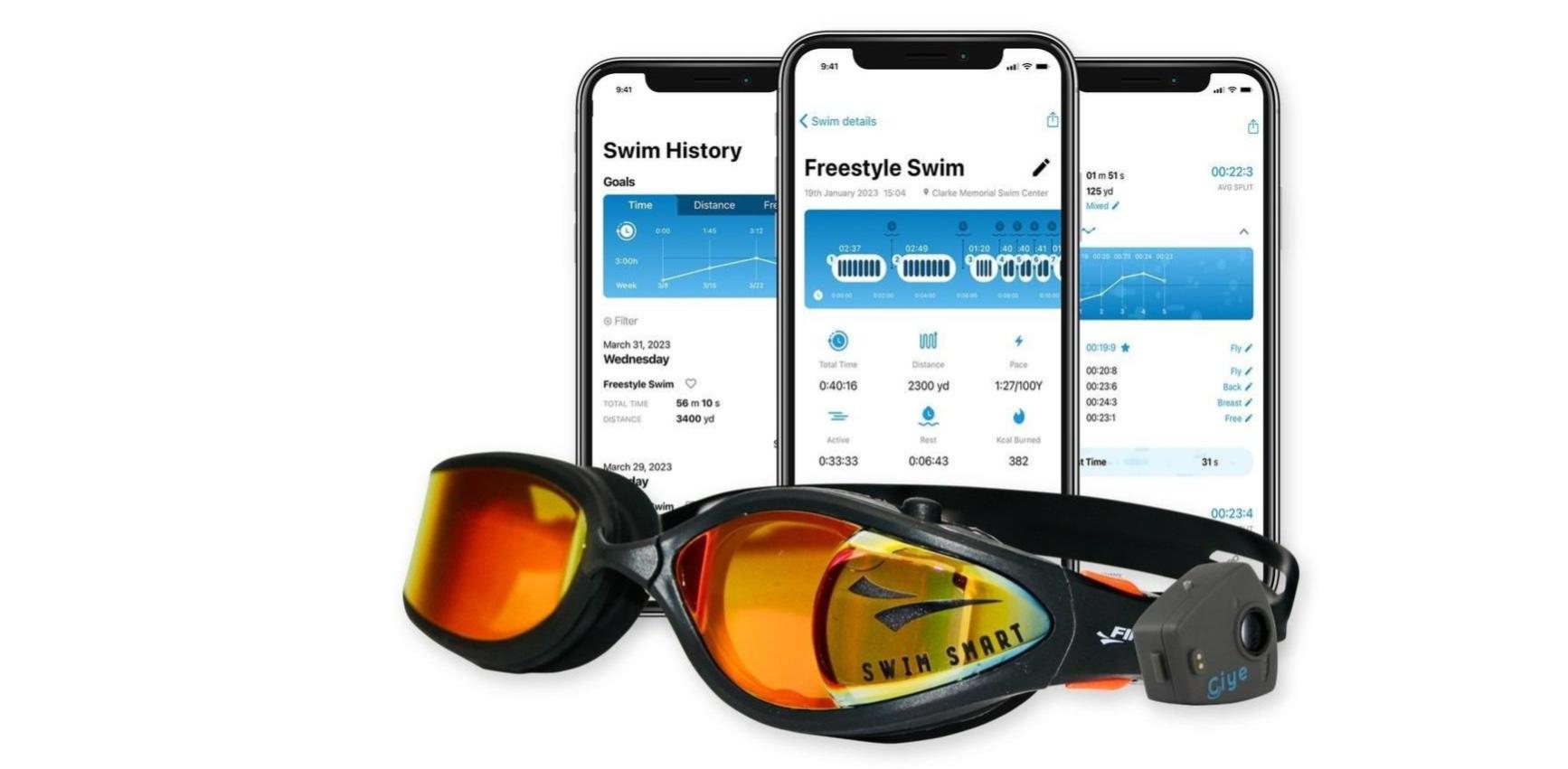 App screengrabs with exercise statistics and a pair of swimming goggles