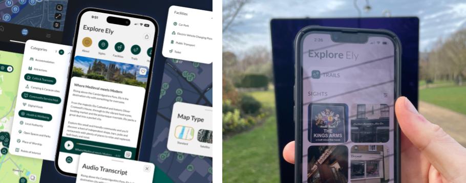 Two images: Explore Ely screengrabs, and a photo of the app on a phone and a kiosk.